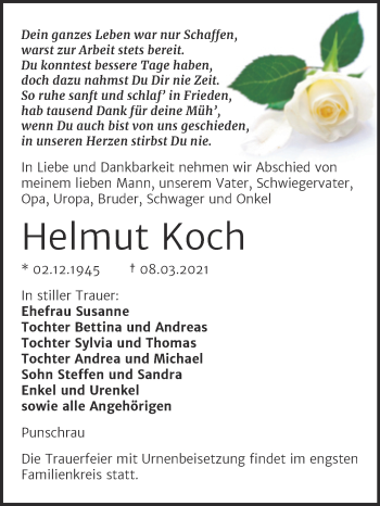 Traueranzeige von Helmut Koch von Mitteldeutsche Zeitung Naumburg/Nebra