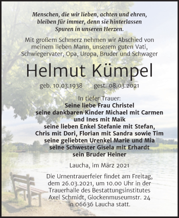 Traueranzeige von Helmut Kümpel von Mitteldeutsche Zeitung Naumburg/Nebra