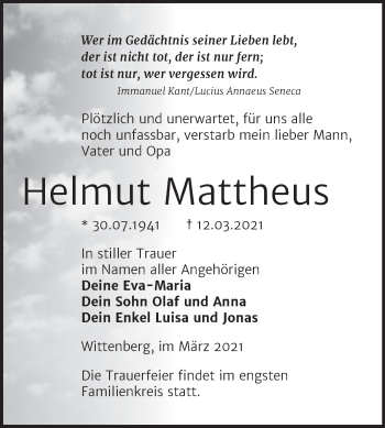 Traueranzeige von Helmut Mattheus von Mitteldeutsche Zeitung Wittenberg