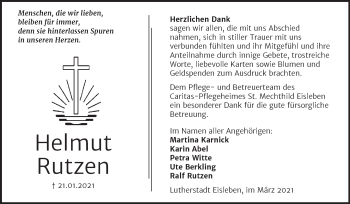 Traueranzeige von Helmut Rutzen von Mitteldeutsche Zeitung Mansfelder Land