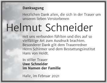 Traueranzeige von Helmut Schneider von Mitteldeutsche Zeitung Halle/Saalkreis
