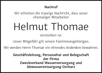 Traueranzeige von Helmut Thomae von Mitteldeutsche Zeitung Quedlingburg
