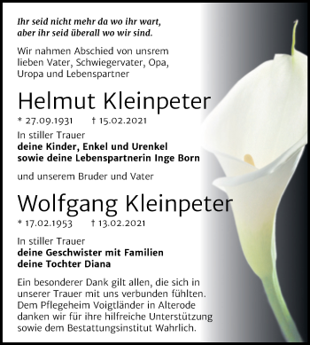 Traueranzeige von Helmut und Wolfgang Kleinpeter von Mitteldeutsche Zeitung Mansfelder Land
