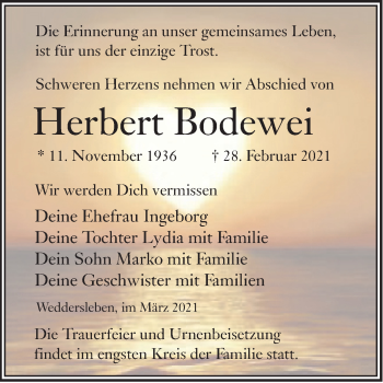 Traueranzeige von Herbert Bodewei von Mitteldeutsche Zeitung Quedlingburg