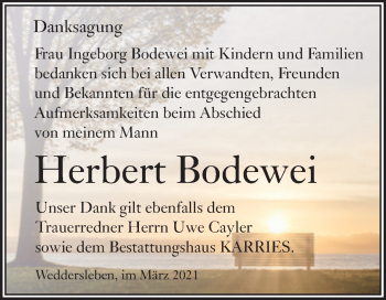 Traueranzeige von Herbert Bodewei von Mitteldeutsche Zeitung Quedlingburg