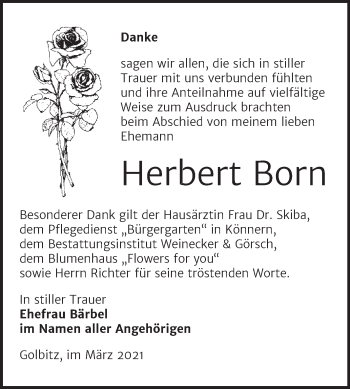 Traueranzeige von Herbert Born von Mitteldeutsche Zeitung Bernburg