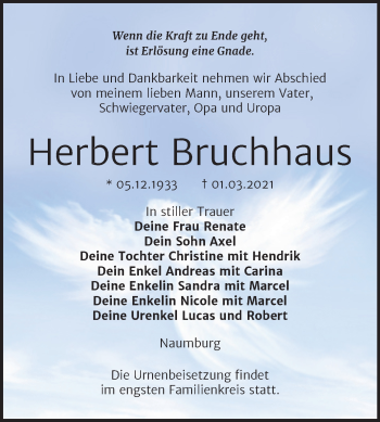 Traueranzeige von Herbert Bruchhaus von Mitteldeutsche Zeitung Naumburg/Nebra
