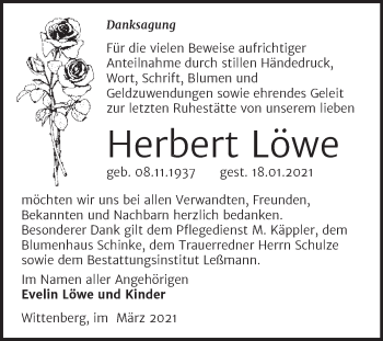 Traueranzeige von Herbert Löwe von Super Sonntag Wittenberg
