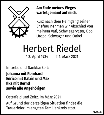 Traueranzeige von Herbert Riedel von Mitteldeutsche Zeitung Zeitz