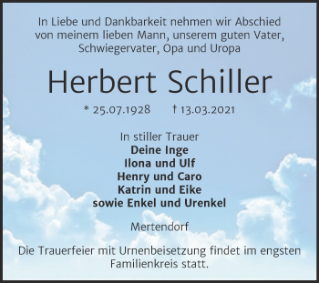 Traueranzeige von Herbert Schiller von Mitteldeutsche Zeitung Naumburg/Nebra