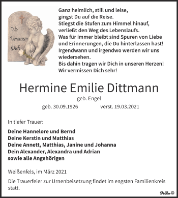 Traueranzeige von Hermine Emilie Dittmann von Mitteldeutsche Zeitung Weißenfels