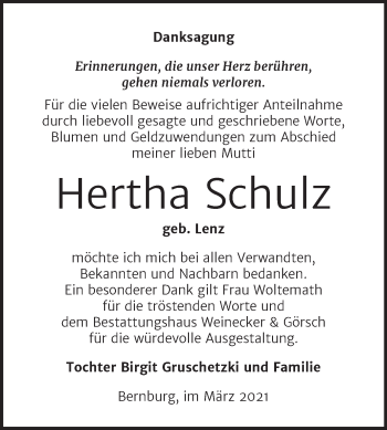 Traueranzeige von Hertha Schulz von Mitteldeutsche Zeitung Bernburg