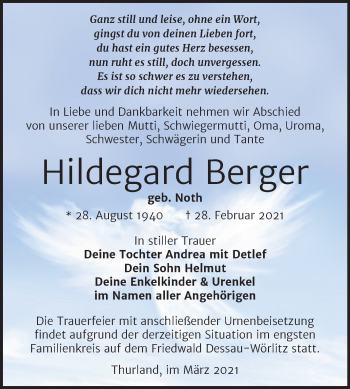 Traueranzeige von Hildegard Berger von Mitteldeutsche Zeitung Bitterfeld