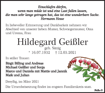 Traueranzeige von Hildegard Geißler von Mitteldeutsche Zeitung Zeitz