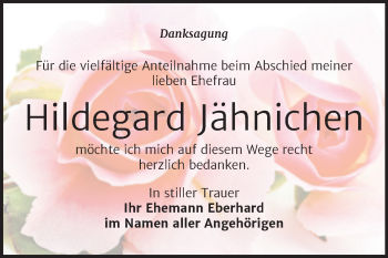Traueranzeige von Hildegard Jähnichen von Mitteldeutsche Zeitung Weißenfels