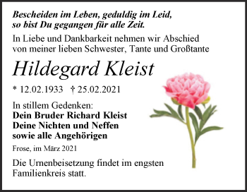 Traueranzeige von Hildegard Kleist von Mitteldeutsche Zeitung Aschersleben