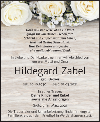 Traueranzeige von Hildegard Zabel von Mitteldeutsche Zeitung Köthen