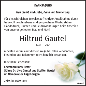 Traueranzeige von Hiltrud Gautel von Mitteldeutsche Zeitung Zeitz