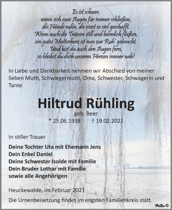 Traueranzeige von Hiltrud Rühling von Mitteldeutsche Zeitung Zeitz