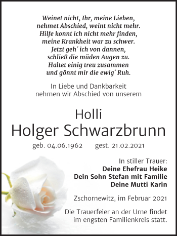 Traueranzeige von Holger Schwarzbrunn von Mitteldeutsche Zeitung Wittenberg