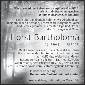 Traueranzeige von Horst Bartholomä von Mitteldeutsche Zeitung Aschersleben