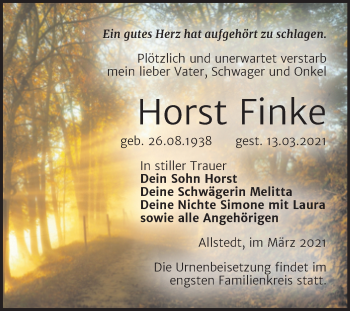 Traueranzeige von Horst Finke von Mitteldeutsche Zeitung Sangerhausen