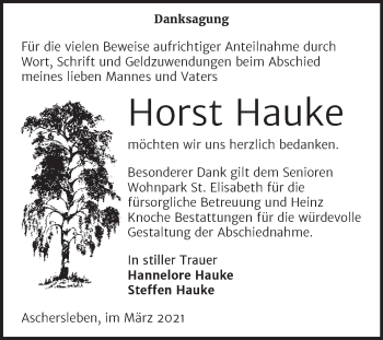 Traueranzeige von Horst Hauke von Mitteldeutsche Zeitung Aschersleben