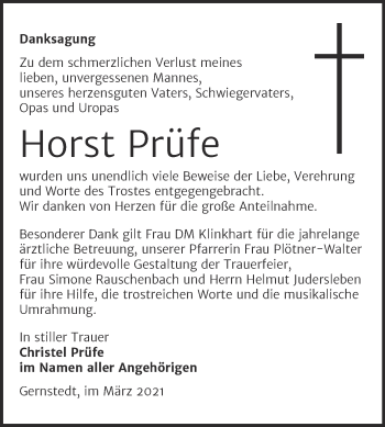 Traueranzeige von Horst Prüfe von Mitteldeutsche Zeitung Naumburg/Nebra