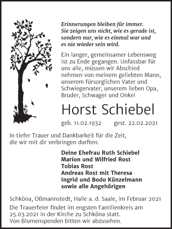 Traueranzeige von Horst Schiebel von Mitteldeutsche Zeitung Wittenberg