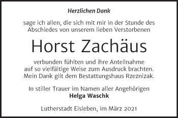 Traueranzeige von Horst Zachäus von Mitteldeutsche Zeitung Mansfelder Land