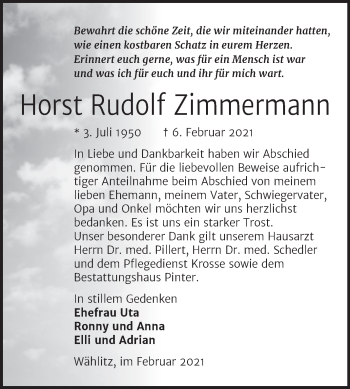 Traueranzeige von Horst Rudolf Zimmermann von Mitteldeutsche Zeitung Weißenfels