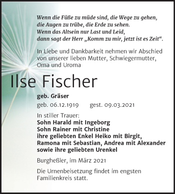 Traueranzeige von Ilse Fischer von Super Sonntag Naumburg/Nebra
