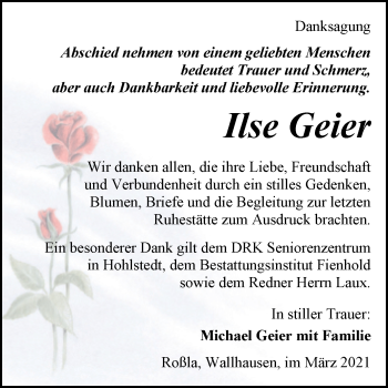 Traueranzeige von Ilse Geier von Mitteldeutsche Zeitung Sangerhausen