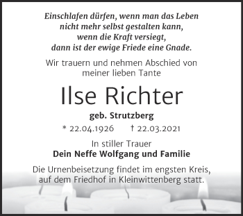 Traueranzeige von Ilse Richter von Mitteldeutsche Zeitung Wittenberg