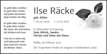 Traueranzeige von Ilse Räcke von Mitteldeutsche Zeitung Sangerhausen
