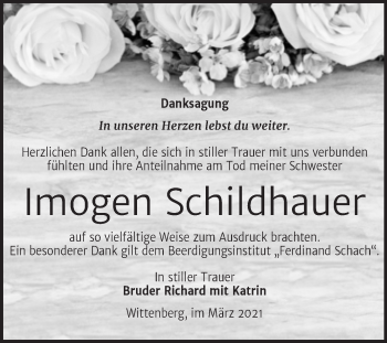 Traueranzeige von Imogen Schildhauer von Mitteldeutsche Zeitung Wittenberg