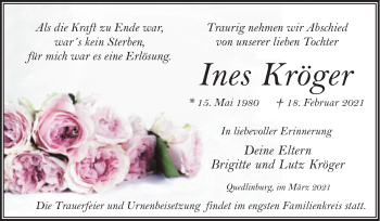 Traueranzeige von Ines Kröger von Mitteldeutsche Zeitung Quedlingburg