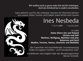 Traueranzeige von Ines Nesbeda von Mitteldeutsche Zeitung Quedlinburg