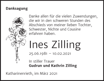 Traueranzeige von Ines Zilling von Mitteldeutsche Zeitung Sangerhausen
