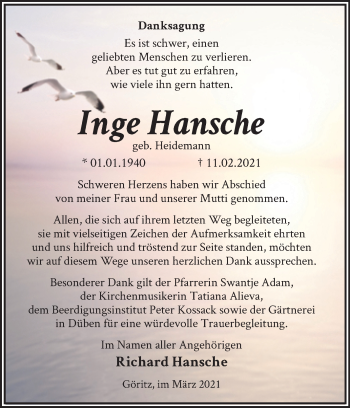 Traueranzeige von Inge Hansche von Mitteldeutsche Zeitung Wittenberg