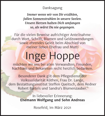 Traueranzeige von Inge Hoppe von Mitteldeutsche Zeitung Köthen
