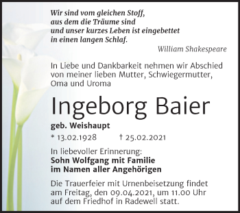 Traueranzeige von Ingeborg Baier von Mitteldeutsche Zeitung Halle/Saalkreis
