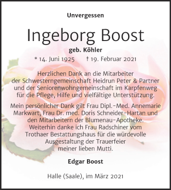 Traueranzeige von Ingeborg Boost von Mitteldeutsche Zeitung Halle/Saalkreis