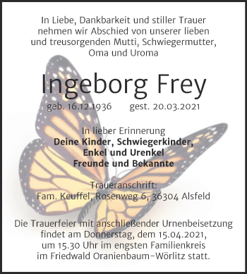 Traueranzeige von Ingeborg Frey von Mitteldeutsche Zeitung Wittenberg