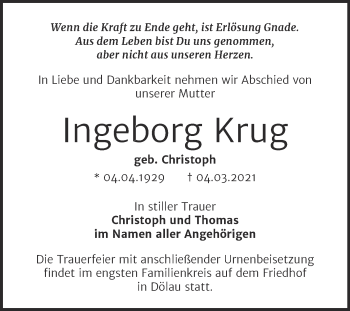Traueranzeige von Ingeborg Krug von Mitteldeutsche Zeitung Halle/Saalkreis