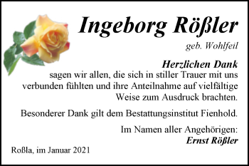 Traueranzeige von Ingeborg Rößler von Mitteldeutsche Zeitung Sangerhausen
