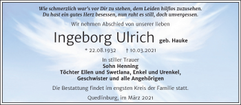 Traueranzeige von Ingeborg Ulrich von Mitteldeutsche Zeitung Quedlingburg