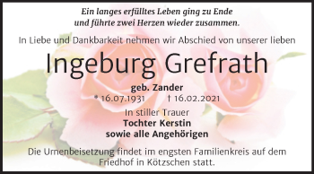 Traueranzeige von Ingeburg Grefrath von Mitteldeutsche Zeitung Merseburg/Querfurt