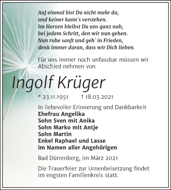 Traueranzeige von Ingolf Krüger von Mitteldeutsche Zeitung Merseburg/Querfurt