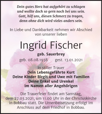 Traueranzeige von Ingrid Fischer von Mitteldeutsche Zeitung Bitterfeld